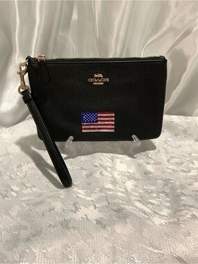 Coach Black Leather Wristlet with American Flag Patch